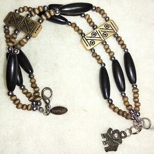 Tri-strand Black Beaded Wooden Beads Antique Gold Bracelet Elephant Charm